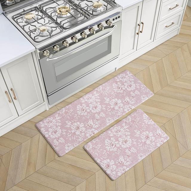 Laura Ashley - Anti-Fatigue Kitchen Mat, Iris Floral Design, Stain, Water & Fade Resistant, Cooking & Standing Relief, Non-Slip Backing, 2 Piece Set, Soft Pink Iris