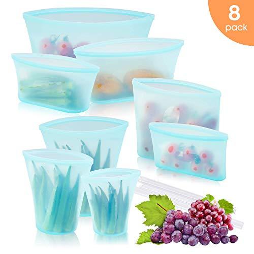 Reusable Silicone Food Storage Bag, Zip Lock Top Leakproof Containers Stand Up Preservation Bag with Slider for Fruits Vegetables Snacks Liquid, Microwave Dishwasher & Freezer Safe (8Pcs Set(Blue))