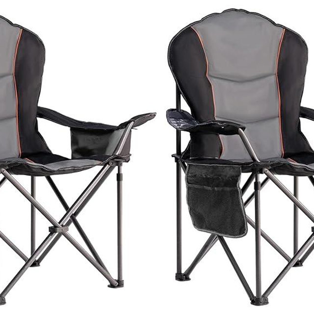 Foristrail Oversized Camping Chair Heavy Duty 500LBS - 2 PCS Folding Outdoor Chair with Cooler Bag, Storage Pockets, Portable Collapsible Lawn Chairs for Adults (Black & Gray)