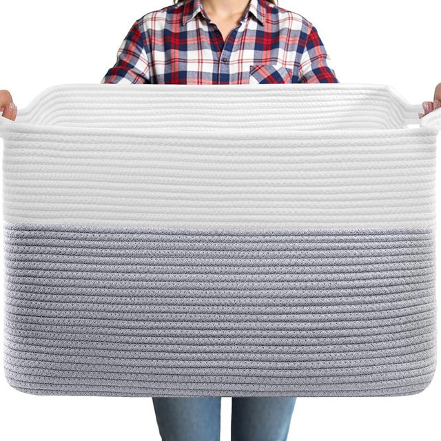 ClenClever 75L Large Blanket Basket, Rectangular Cotton Rope Basket, Laundry Hamper for Blankets, Pillows, Extra Large Toys Storage Bins for Kids, Dogs 22" x 17" x 12", White & Gray