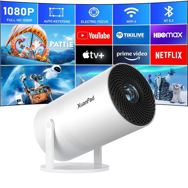 [Electric Focus] Mini Projector with Android System, XuanPad Portable Projector with WiFi 6 and Bluetooth, Auto Vertical Correction, FULL HD 1080P, 180°Rotatable Outdoor Movie Projector for Phone