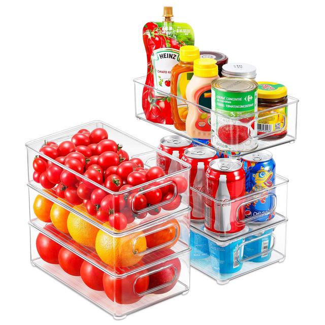 Set Of 6 Clear Stackable Refrigerator Organizer Bins, 10×6×3 Inch, Plastic Fridge Freezer Organizers And Storage Clear With Handles For Food, Drinks, Fruits, Cans, Vegetables, Cheese (BPA Free)