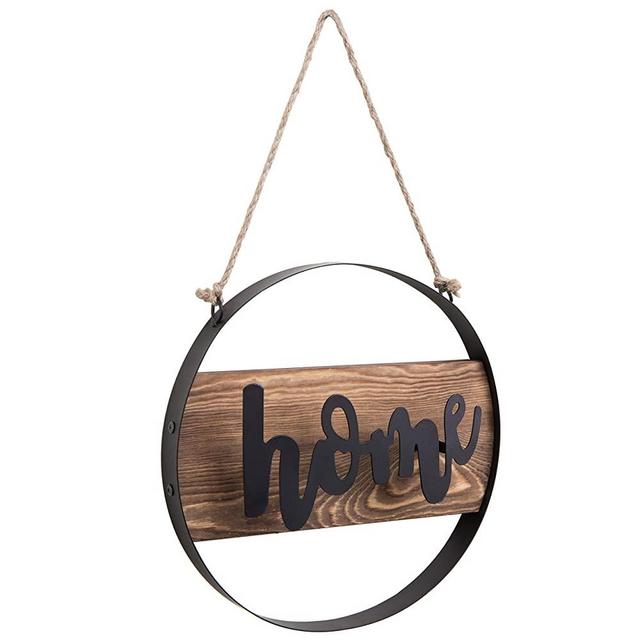 MyGift Hanging Decorative Home Wood & Metal Sign with Twisted Jute Rope