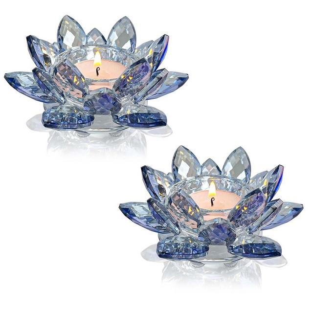 Kolnlala Crystal Lotus Flower Tealight Candle Holders/Glass Tea Light Candlestick Decor Decoration for Christmas Home Wedding Party… (Blue 2pcs)