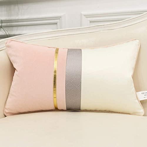 Avigers 12 x 20 Inches Pink White Gold Leather Striped Patchwork Velvet Cushion Case Luxury Modern Throw Pillow Cover Decorative Pillow for Couch Living Room Bedroom Car