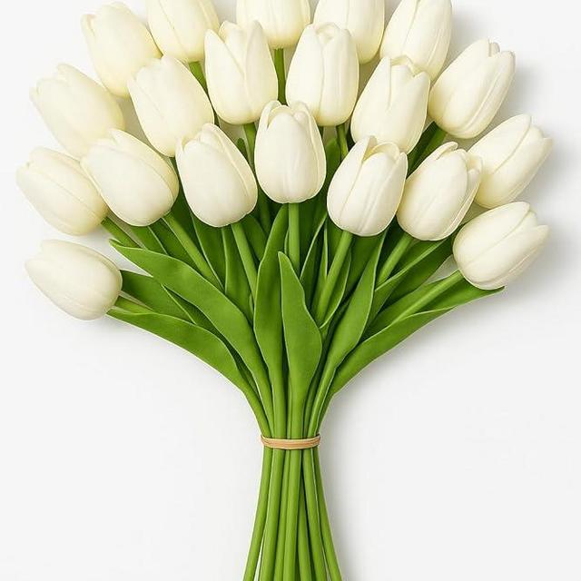 Enirunly 20pcs White Artificial Tulip Silk Fake Flowers 13.5" for Spring Easter Mother's Day Wedding Decor – Bulk Home Kitchen Office Party Supplies, Set