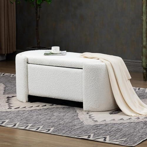 binzida Oval Storage Bench,43 inches Ottoman Bench for Entryway Teddy Fleece Fabric Upholstered End of Bed Bench for Living Room/Hallway/Bed Side (White)