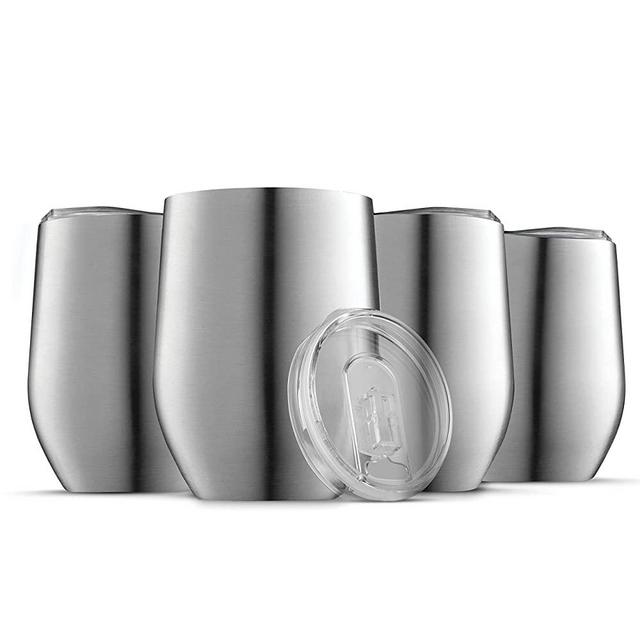 Triple Insulated Wine Tumbler With Lid (4 Pack) 12oz Stainless Steel Wine Glass Set- Insulated Tumblers Keep Drinks Hot & Cold for Outdoors, Beach, Picnics- Unbreakable Wine Glasses With BPA Free Lids