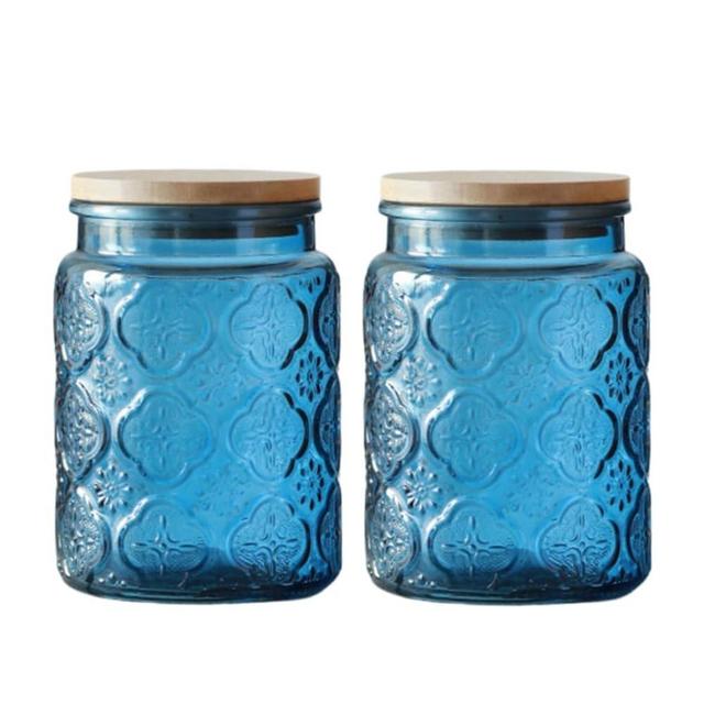 ANSQU 2 Pack Blue Glass Jars, Vintage Glass Storage Jars with Lids, 23.7 FL OZ Decorative Glass Jars for Home Kitchen Coffee Tea Cookie Candy Jar (Blue, 2Pack)