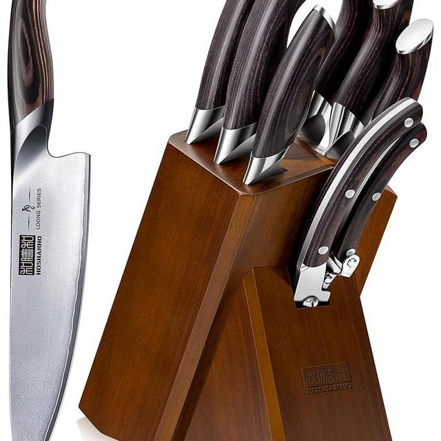 HOSHANHO 8-Piece Kitchen Knife Set, Japanese AUS-10 Super Steel Knife Set with Block, Professional Ultra Sharp Chef Knife Set with Scissors
