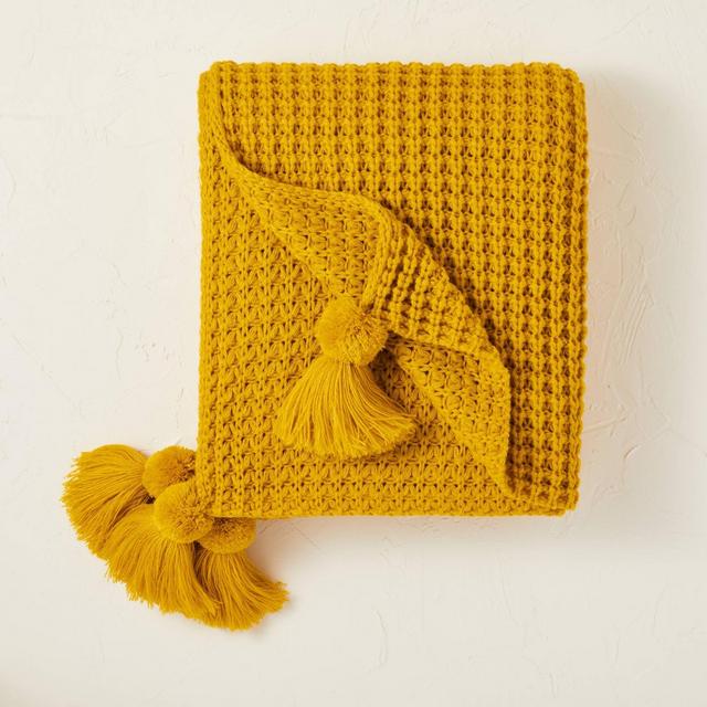 Knit Throw Blanket with Pom-Poms and Trimmed Tassels Gold - Opalhouse™ designed with Jungalow™