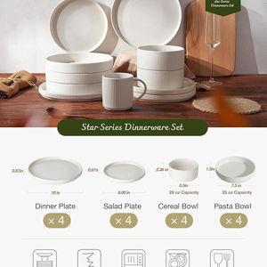 Famiware Star Dinnerware Set with Pasta Bowls, Service for 4 (16pcs), Ribbed Stoneware Plates and Double Bowls Dishes Sets - Chip & Scratch Resistant, Microwave & Dishwasher Safe, Matte White