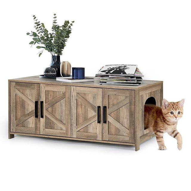 Upolana Cat Litter Box Enclosure, 48 inch Large Hidden Litter Box Furniture for 2 Cats, Double Wooden Kitty Litter Box Cabinet End Side Table, Greige