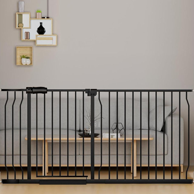 HOOOEN Walk Through Baby Gates Extra Wide for Stairs Doorways Auto Close Tension Black Metal Child Pet Safety Gates with Pressure Mount 62-67 Inch