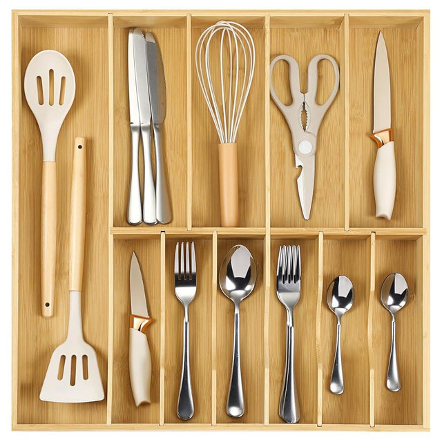 Fabsome Silverware Organizer for Kitchen Drawers, 2.5'' Deep 18.8'' Wide Bamboo Wood Flatware Tray with Deep Slots for Large Cutlery Utensil Drawer