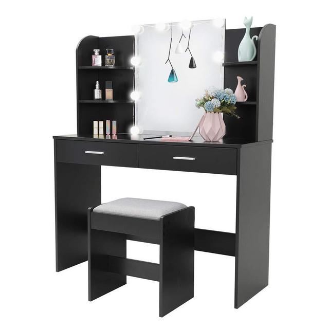 USIKEY Large Vanity Set with 10 Light Bulbs, Makeup Table with Cushioned Stool, 6 Storage Shelves 2 Drawers, Dressing Table Dresser Desk for Women, Girls, Bedroom, Black