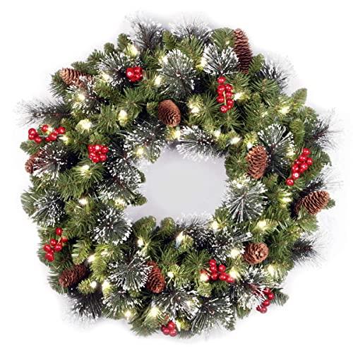 National Tree Company lit Artificial Christmas Wreath Flocked with Mixed Decorations and Pre-strung White LED Lights, Crestwood Spruce-24 inch