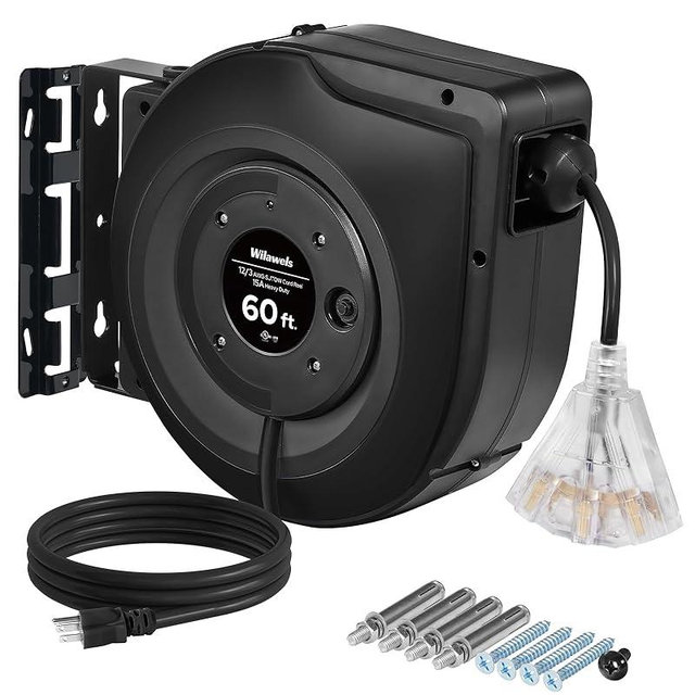 WILAWELS Retractable Extension Cord Reel, 60 FT Heavy Duty Extension Cord, 12AWG/3C SJTOW, 3 Grounded Outlets Lighted Triple Tap, 15A Circuit Breaker, Wall/Ceiling Mounted, UL Listed, H60CR06