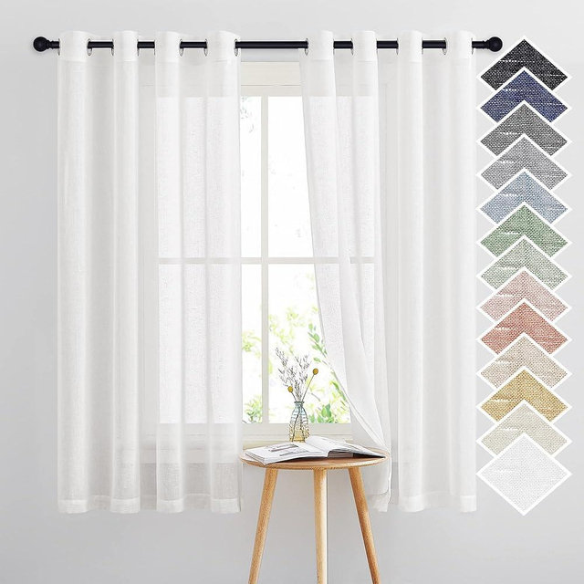 NICETOWN White Linen Sheer Curtains 63 inch Length, Vintage Grommet Linen Textured Semitransparent Privacy Window Treatment Light Filtering for Living Room, 52" W x 63" L, Set of 2