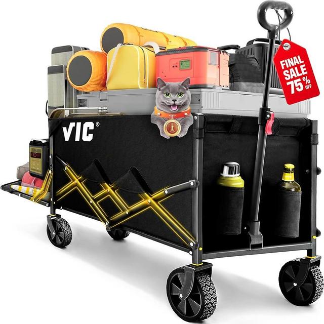 VIC Collapsible Folding Wagon 440LBs, Extra Long Extender Wagon Cart,Beach Wagons Cart Heavy Duty 170L Foldable, Utility Grocery Car with Side Pocket for Camping Garden Sports, V1