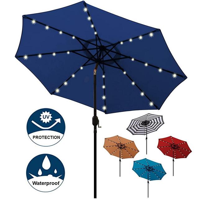 Blissun 9 ft Solar Umbrella 32 LED Lighted Patio Umbrella Table Market Umbrella with Tilt and Crank Outdoor Umbrella for Garden, Deck, Backyard, Pool and Beach (Navy Blue)