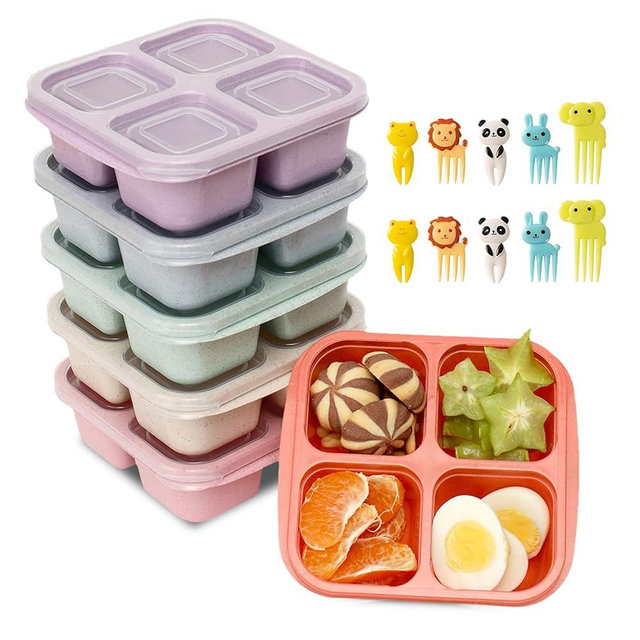 DESLON 6 Pack Snack Containers, 4 Compartment Bento Snack Box Container with 10 Food Picks, Reusable Meal Prep Lunch Containers for Kids Toddler Adults, Divided Food Containers for Travel Work School