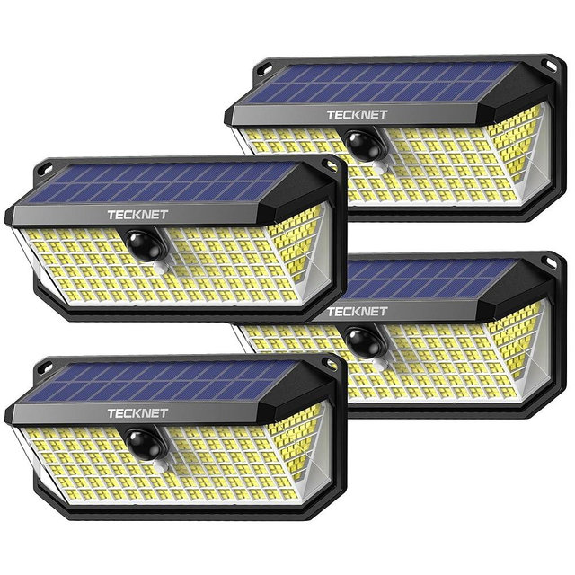 TECKNET 4200Lm 416 LED Solar Motion Lights Outdoor Waterproof, 300° Angle & 3 Lighting Modes Motion Sensor Light Outdoor, 4 Pack Security Solar Lights IP66 for Fence Front Door Yard Deck Garden Garage