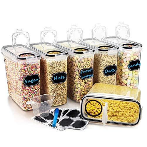 Large Cereal & Dry Food Storage Containers, Wildone Airtight Cereal Storage Containers for Sugar, Flour, Snack, Baking Supplies, Leak-proof with Black Locking Lids - Set of 6 (4L /135.3oz)