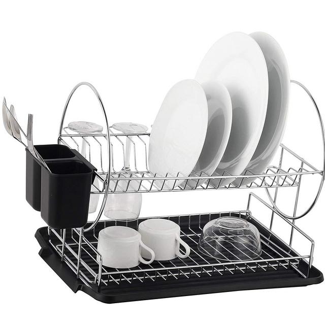 Neat-O - Deluxe Chrome-plated Steel 2-Tier Dish Rack with Drainboard/Cutlery Cup (BlackII)