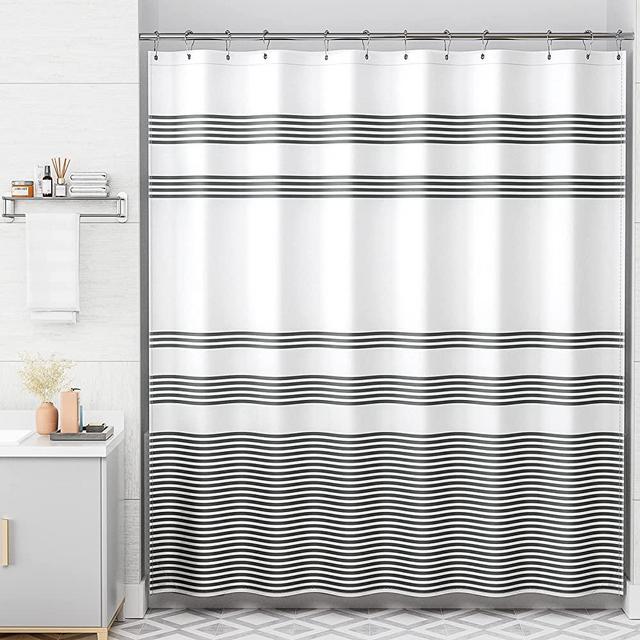 AmazerBath Fabric Shower Curtain Set, Striped Black Shower Curtain with 12 Shower Curtain Hooks, Rustic Cloth Black and White Shower Curtain, Cute Farmhouse Bathroom Shower Curtain Sets, 72x72 Inches