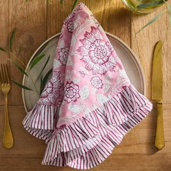 Ruffle Block Print Cotton Napkins, Set of 4