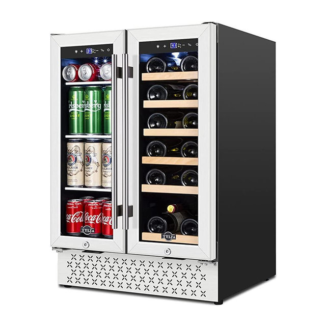 Wine and Beverage Refrigerator 24 Inch, Dual Zone Wine Beverage Cooler with Memory Temperature Control Built-in or Freestanding, Quick Cooling Mini Wine Beer Fridge, Quiet Operation, Hold 18 Bottles and 57 Cans
