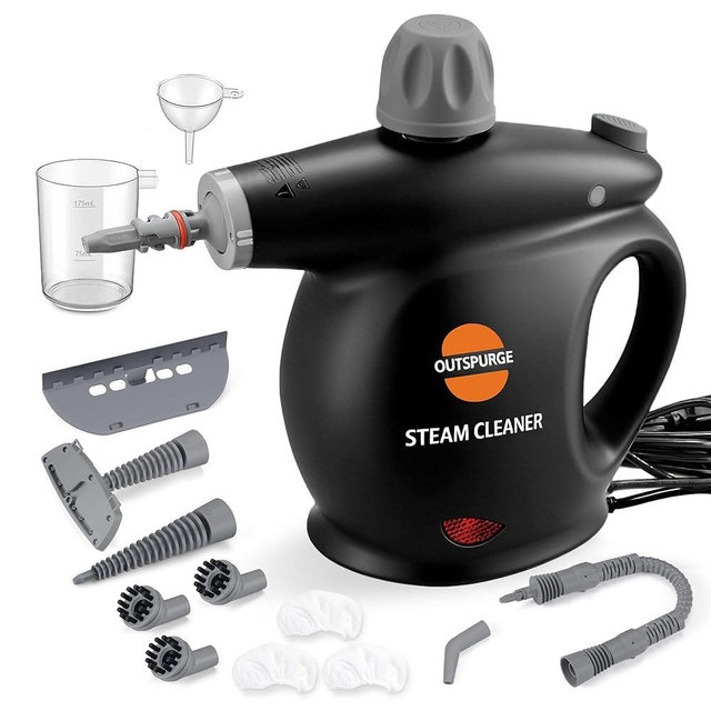 Outspurge Handheld Steam Cleaner, Pressurized Multi-Surface Steam Shot with 13 Accessories, Safety Lock, Steamer for Cleaning Floor, Upholstery, Grout, Windows, Couch and Car (Black)