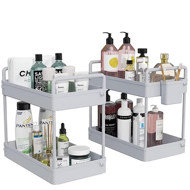 Ronlap 2 Pack Under Sink Organizers and Storage, 2 Tier Bathroom Organizer Under Sink with Handle Hanging Cup Hooks Dividers, Kitchen Organization and Storage Under Sink Cabinet Counter Shelf, Grey