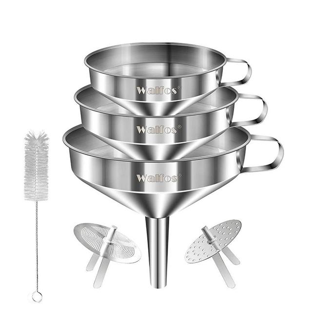 Stainless Steel Funnel, Walfos 3 Pack Kitchen Funnel with 2 Removable Strainer ＆ 1Pc Cleaning Brush, Perfect for Transferring of Liquid, Oils, Jam, Dry Ingredients & Powder