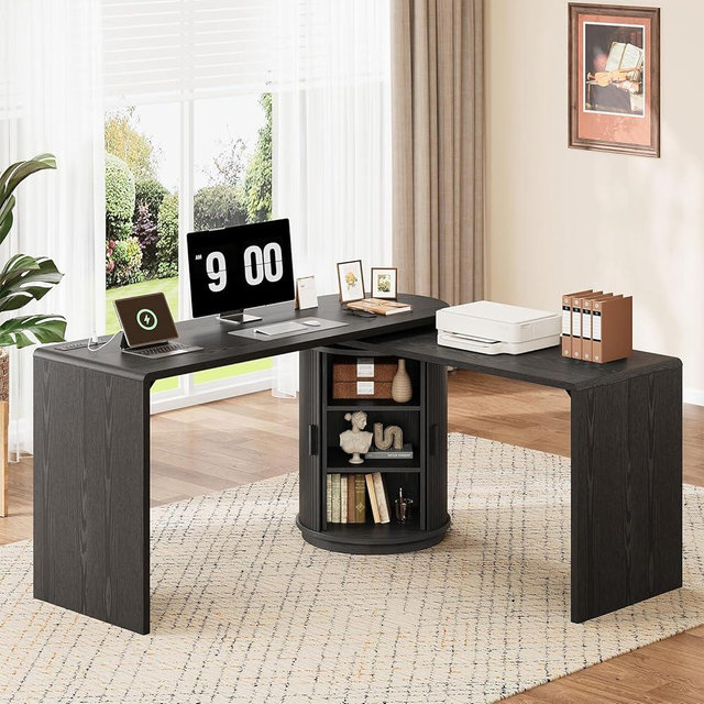 ONBRILL 60 Inch L Shaped Desks with Power Outlets,360° Rotating Swivel Corner Desk with Storge, Fluted Computer Table for Home Office,Workstation,Study Room,Black