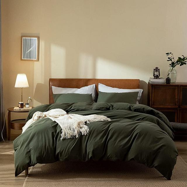 Dark Green Duvet Cover Queen, 100% Washed Cotton Linen Like Textured 3 Pieces Bedding Set, Solid Color Simple Style Luxury Relaxed Feel Natural Wrinkled Breathable Soft Comfy (Dark Green, Queen)