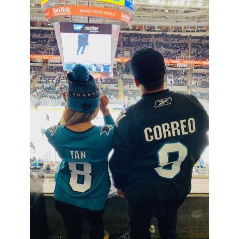 10/19/19 - Their 1st Shark's game together. Darek gifted Clarisse w/ this jersey. Her favorite # is 8. Nine (9) has been Darek's hockey jersey # since he started playing for the Oakland Bears in HS.