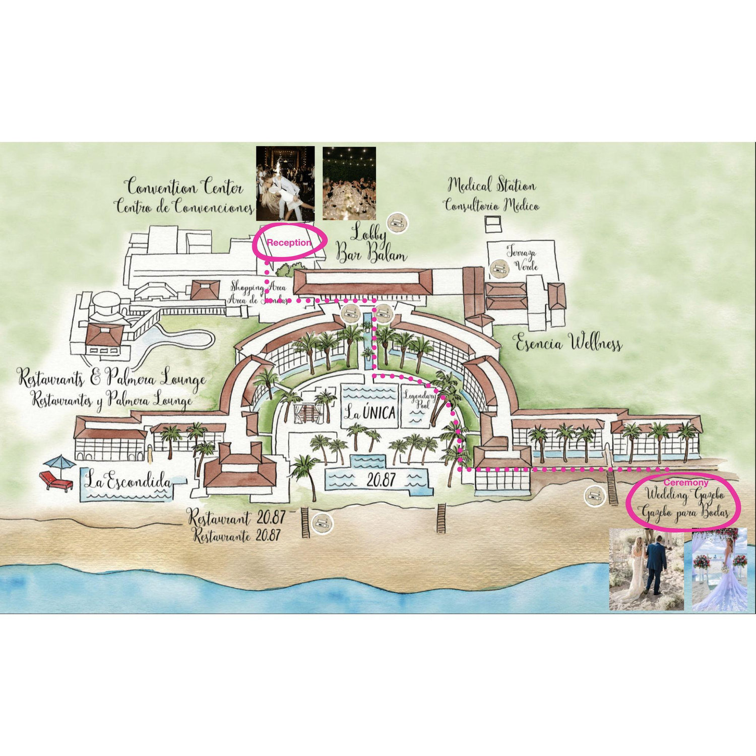 Weddnight ceremony will be at the weddings gazebo. Reception dinner and party will be at the El Patio