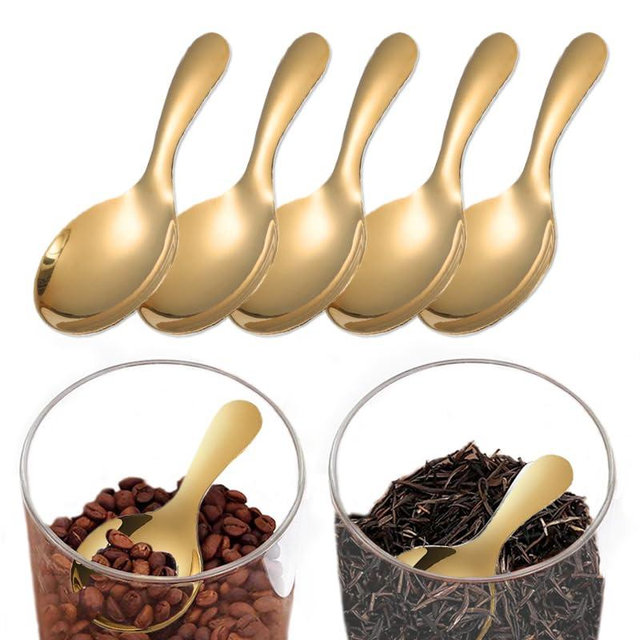 5 Pack Short Handle Scoops for Canisters - Stainless Steel Small Scoops for Salt Sugar Coffee Tea Dessert (Gold)