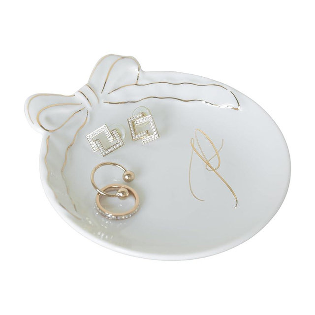 COLLECTIVE HOME - Personalized Initial Ceramic Jewelry Tray with Bow, Christmas Gift Ideas for Women, Small Gift for Girlfriend Wife, Ring Holder, Earrings Dish, Birthday Gift for Her (P)
