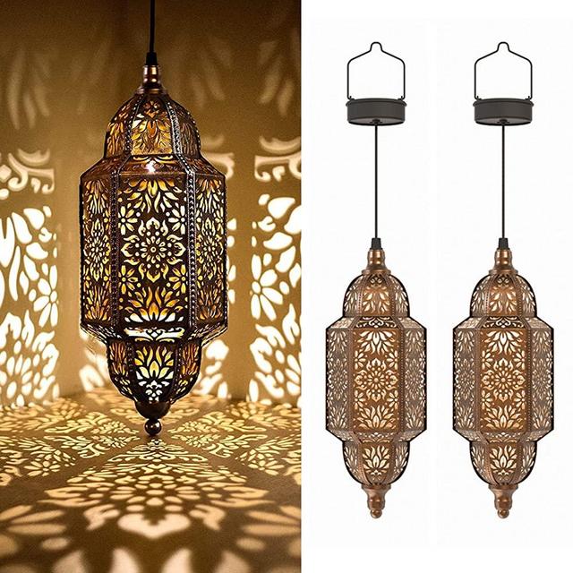 Twinkya 2 Pack Hanging Solar Lights Outdoor Garden Decorative Solar Lantern Waterproof Metal Moroccan Outdoor Decorations for Patio Pathway Yard Porch Backyard Garden Decor (Bronze-2Pack)