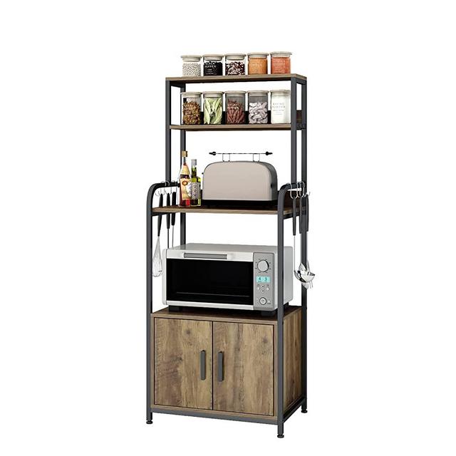 Kitchen Baker's Rack with Hutch and Storage Cabinet, 4-Tier Industrial Kitchen Microwave Oven Stand with 6 S-Hooks, Free Standing Kitchen Pantry Cabinets, Easy Assembly, Rustic Brown