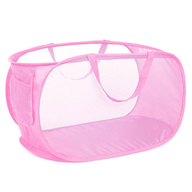 Durable Collapsible Laundry Baskets, Mesh Pop Up Laundry Hamper with Side Pocket, Foldable Clothes Storage Hamper with Reinforced Carry Handles for Laundry, Bathroom, Kids Room, Dorm or Travel Pink