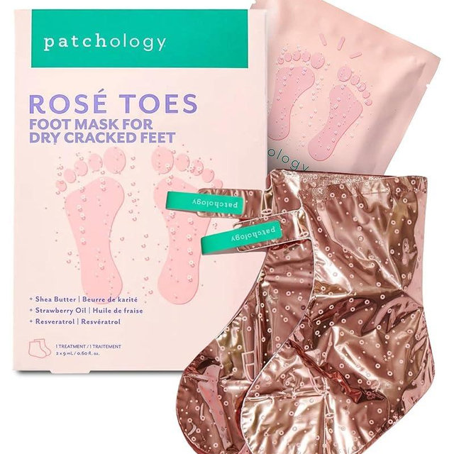 Patchology Rosé Toes Moisturizing Foot Mask – Shea Butter & Strawberry Scented Booties for Dry, Cracked Feet, Disposable Spa Socks with Resveratrol for Soothing Foot Care, Self-Care Essentials