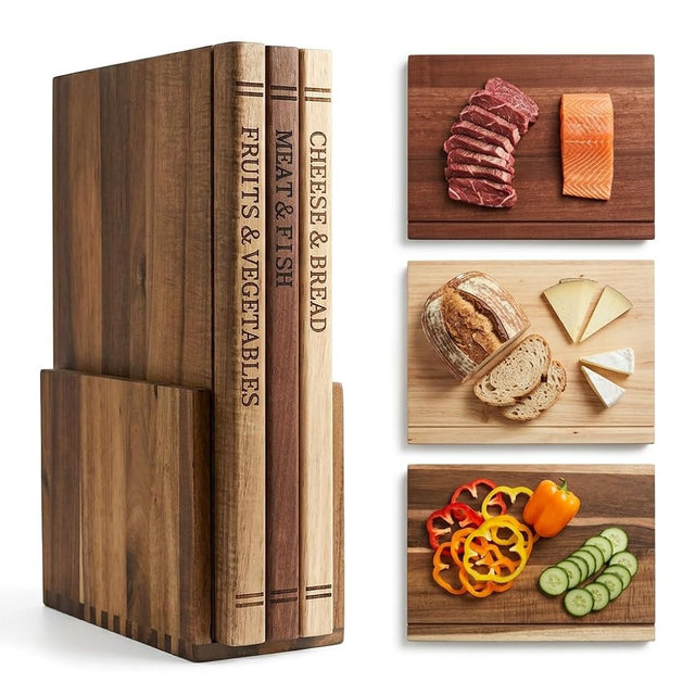 Book Cutting Board Set of 3 with Stand – Solid Acacia Wood Cutting Boards Shaped Like Books, Decorative and Functional Kitchen Boards, Unique Gift Set