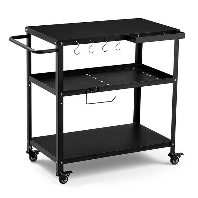 GVGBUK Outdoor Grill Cart Table,Indoor and Outdoor Pizza Oven Table,with 4 Movable Total Lock Casters, Hooks, Side Handle Multifunctional (Black)