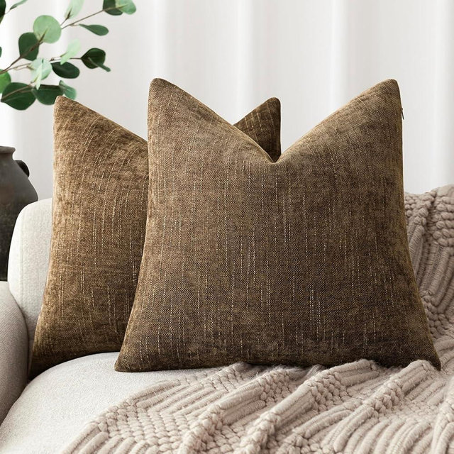 Foindtower Pack of 2 Soft Textured Chenille Throw Decorative Pillow Covers Square Accent Solid Cushion Cover Neutral Farmhouse Pillow Case for Couch Sofa Bedroom Living Room 18x18 Inch,Taupe Brown