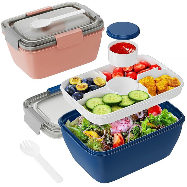 Freshmage Large Salad Container for Lunch, 2 Packs 68oz Salad Bowls with 5 Compartments, Salad Dressings Container for Salad Toppings, Snacks, Men, Women (Pink+Blue)