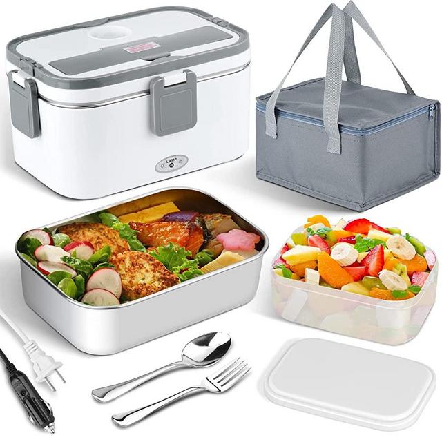 FVW Electric Lunch Box 80W Food Heated 12V 24V 110V Portable Food Warmer Heater for Car/Truck/Home Self Heating Box with 1.8L 304 Stainless Steel Container 0.45L Compartment (White + Grey)